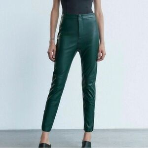 Faux Leather High-Waist Skinny Pants in Deep Green